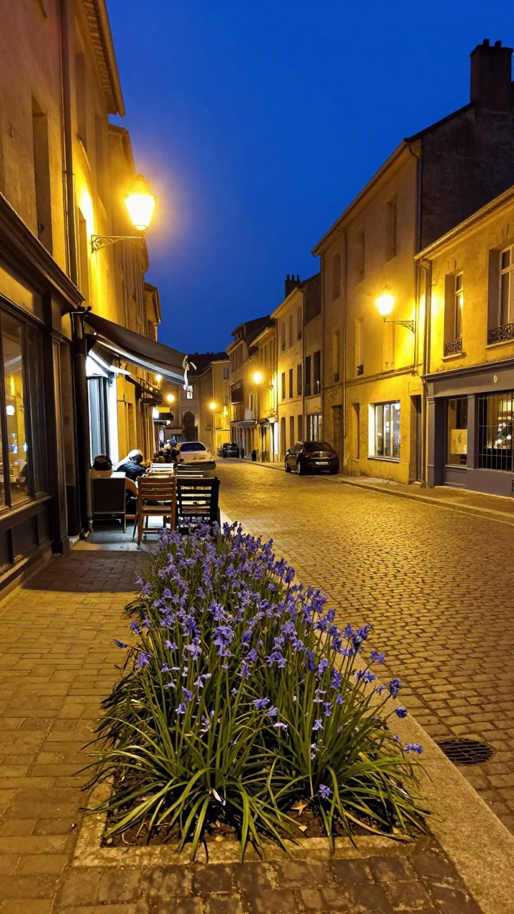 Midnight Street Scene in Nice France with Bluebells and Local Life in in Nice, France