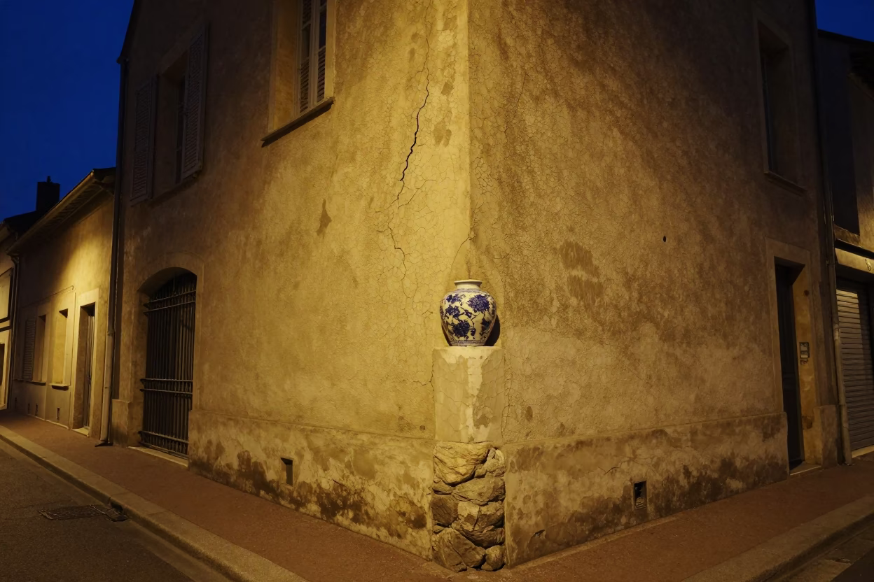 Midnight Street Scene in Nice France with Cracked Stucco and Ceramic Pitcher in in Nice, France