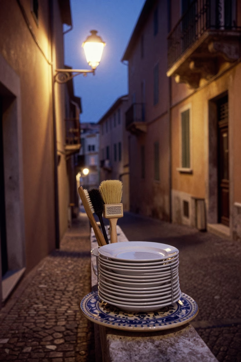 Midnight Street Scene in Nice France with Dish Brushes and Trivet on Balcony in in Nice, France