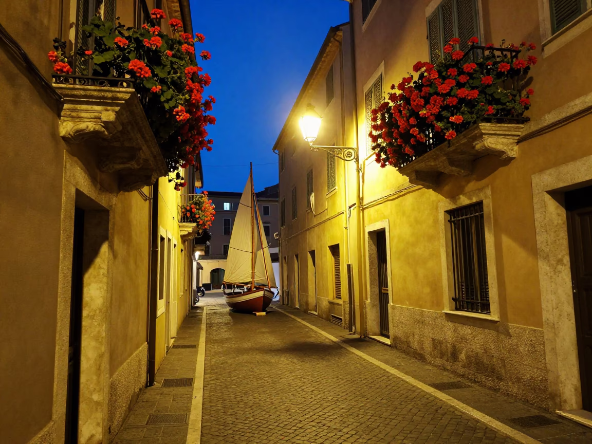 Midnight Street Scene in Nice France with Geraniums and Wooden Sailboat in in Nice, France