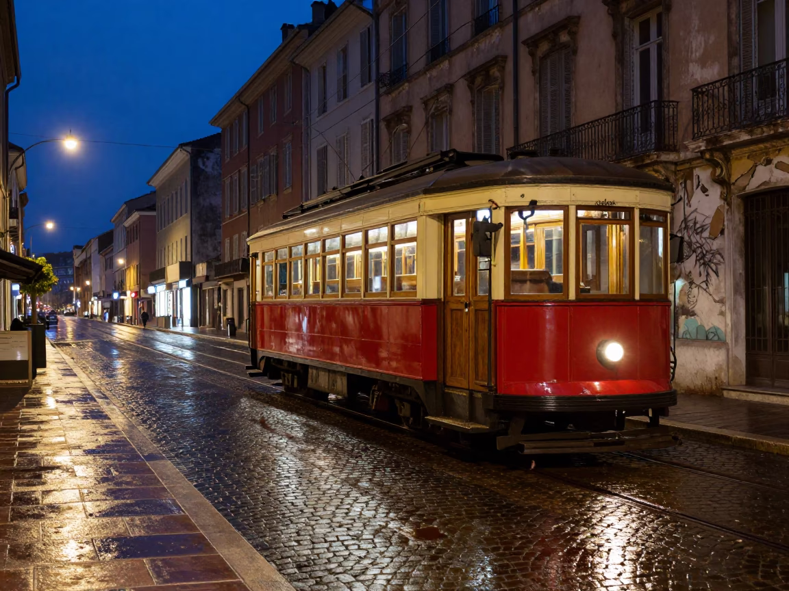 Midnight Street Scene in Nice France with Heritage Tram and Cobblestone Avenue in in Nice, France