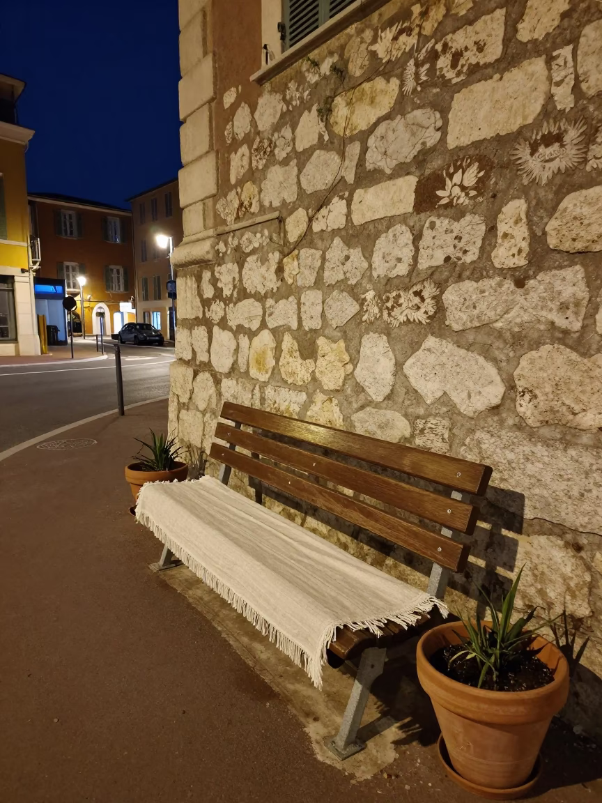 Midnight Street Scene in Nice France with Linen Fringe Bench and Flowerpot Detail in in Nice, France