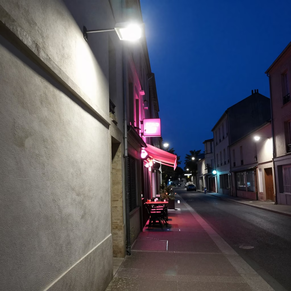 Midnight Street Scene in Nice France with Neon Signs and Urban Details in in Nice, France