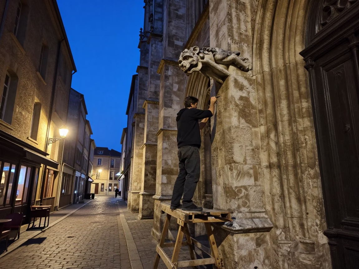 Midnight street scene in Nice France with stone mason carving gargoyle and local nightlife in in Nice, France