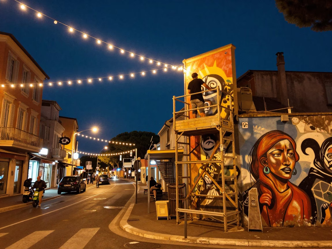 Midnight street scene in Nice France with string lights and muralist scaffolding in in Nice, France