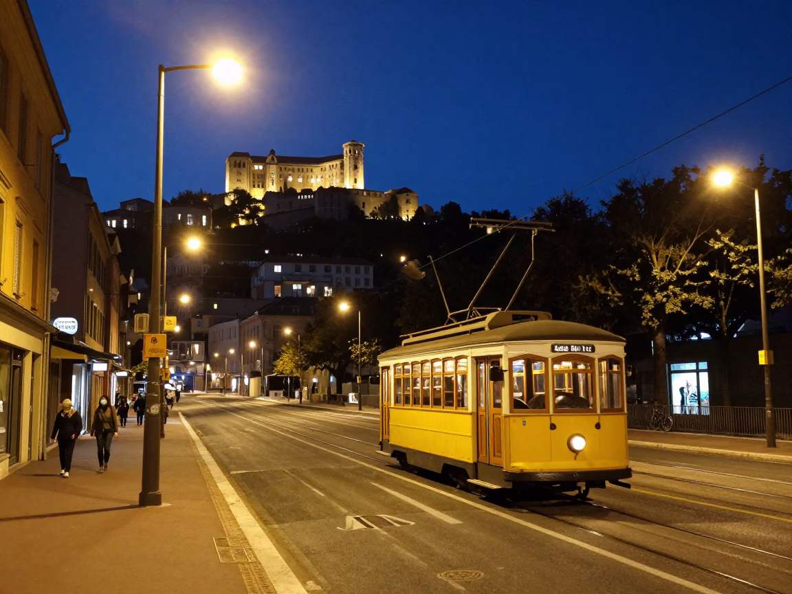 Midnight Street Scene in Nice France with Vintage Funicular and Urban Architecture in in Nice, France