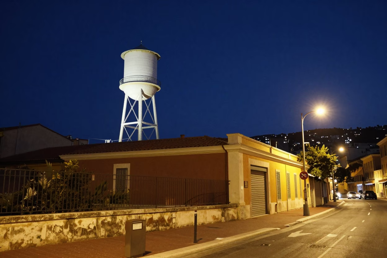 Midnight street scene in Nice France with water tower and urban details in in Nice, France