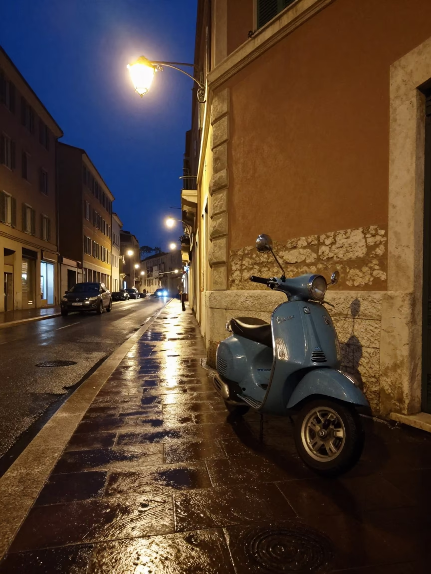 Midnight Street Scene in Nice France with Wet Pavement and Urban Details in in Nice, France