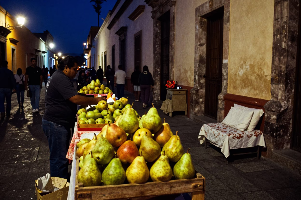 Midnight Street Scene in Oaxaca City with Pears and Bedside Lamp in in Oaxaca, Mexico