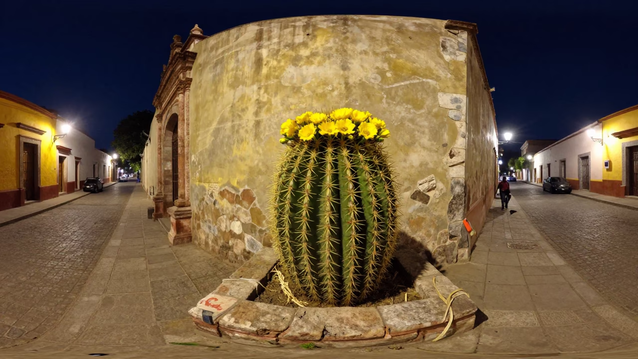 Midnight Street Scene in Oaxaca Mexico with Barrel Cactus and Twine Details in in Oaxaca, Mexico