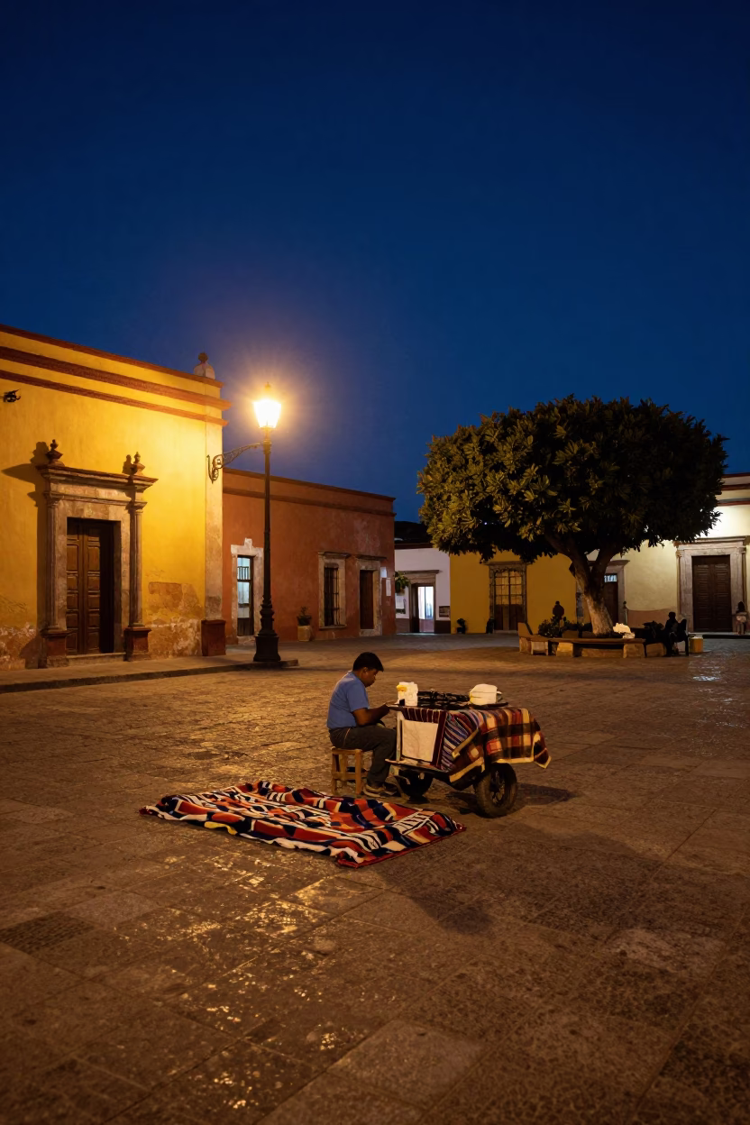 Midnight Street Scene in Oaxaca Mexico with Blankets and Cobblestone Plaza in in Oaxaca, Mexico