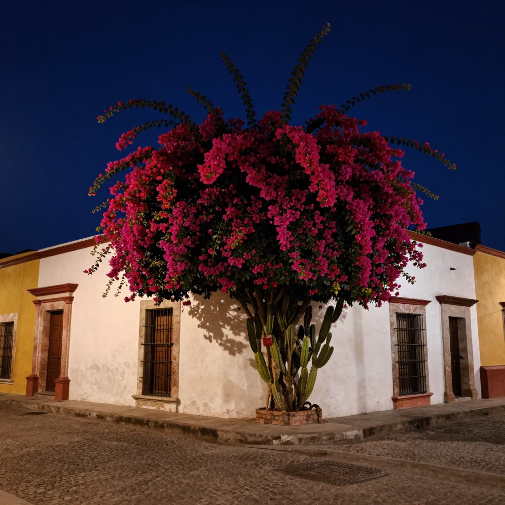 Midnight Street Scene in Oaxaca Mexico with Bougainvillea and Prickly Pear Cactus in in Oaxaca, Mexico