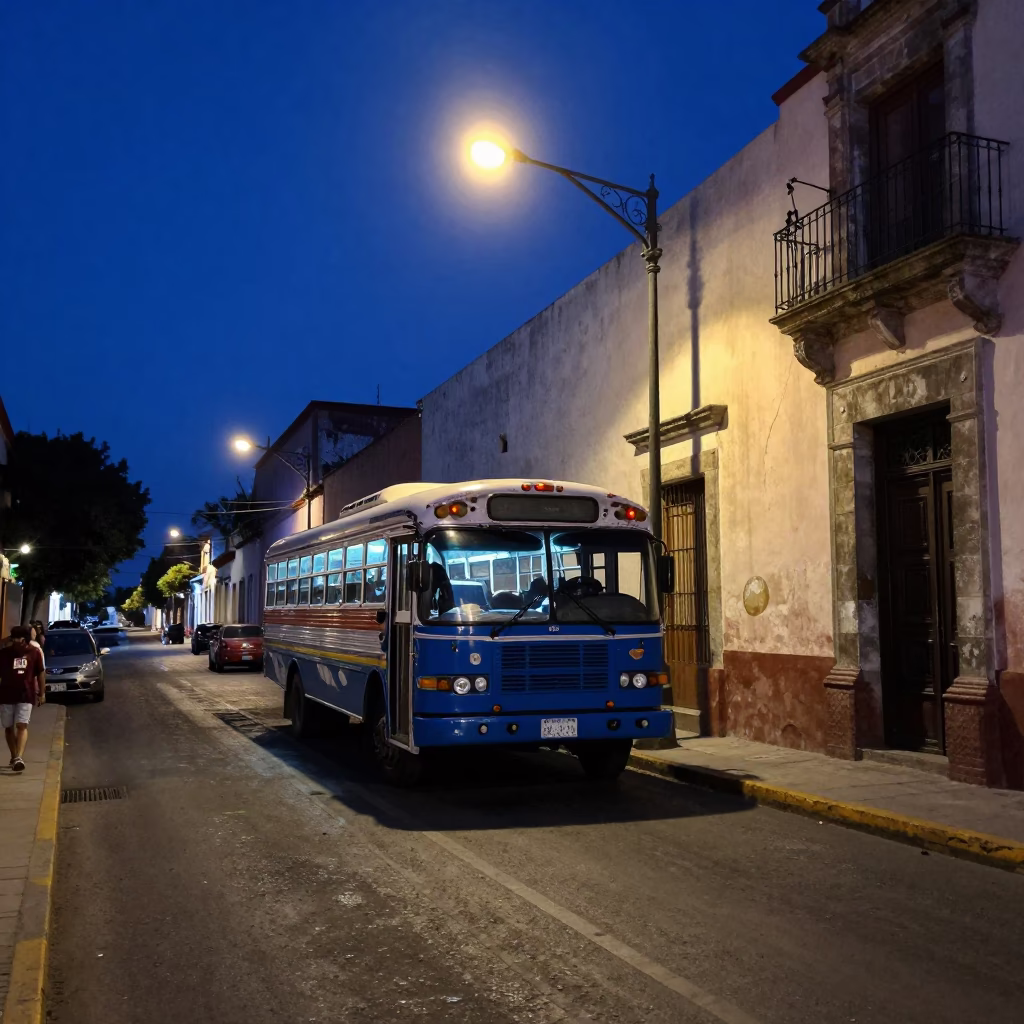 Midnight Street Scene in Oaxaca Mexico with Classic Bus and Local Architecture in in Oaxaca, Mexico