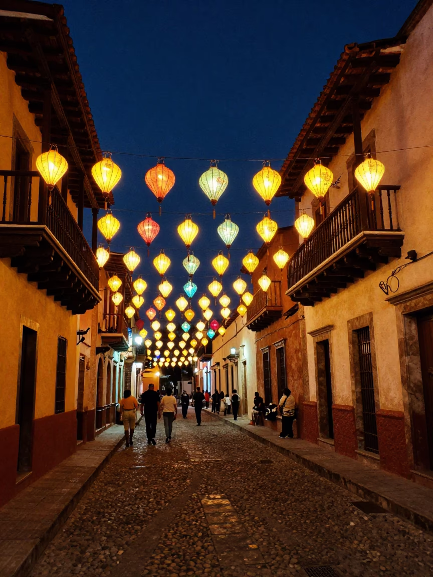 Midnight Street Scene in Oaxaca Mexico with Colorful Lanterns and Local Life in in Oaxaca, Mexico