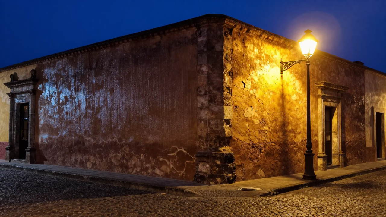 Midnight Street Scene in Oaxaca Mexico with Condensation on Wall and Local Life in in Oaxaca, Mexico