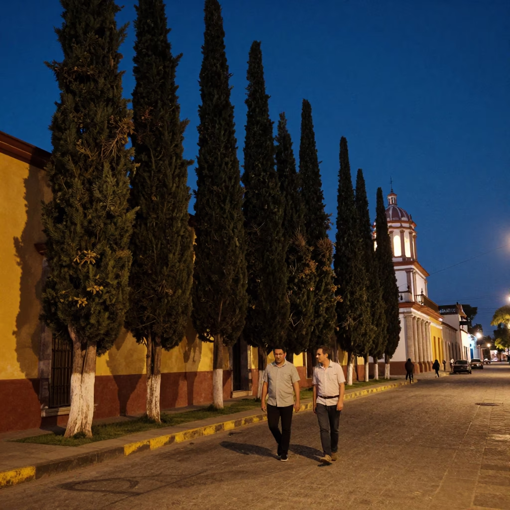 Midnight Street Scene in Oaxaca Mexico with Cypress Trees and Vintage Fashion in in Oaxaca, Mexico