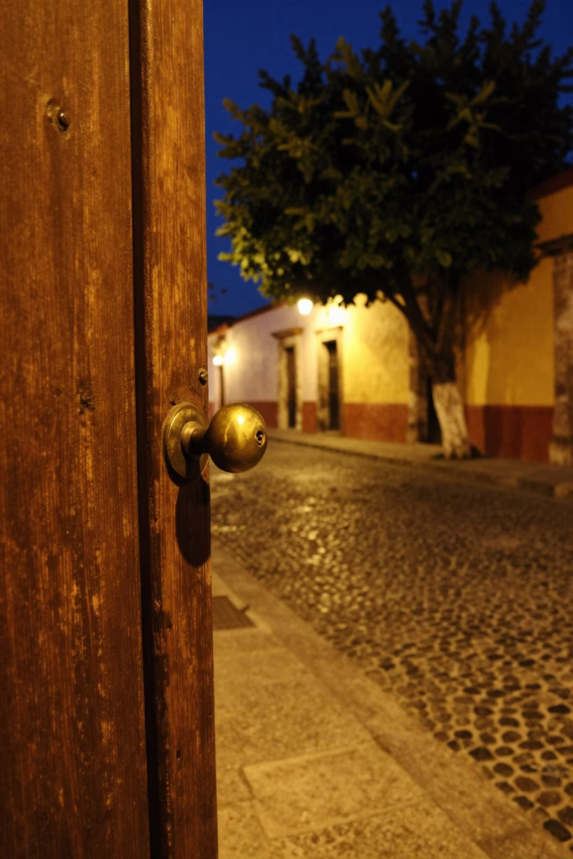 Midnight street scene in Oaxaca Mexico with doorknob and fig tree in in Oaxaca, Mexico
