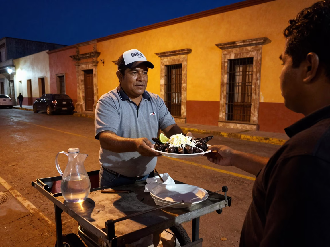Midnight Street Scene in Oaxaca Mexico with Elote and Watering Jug in in Oaxaca, Mexico