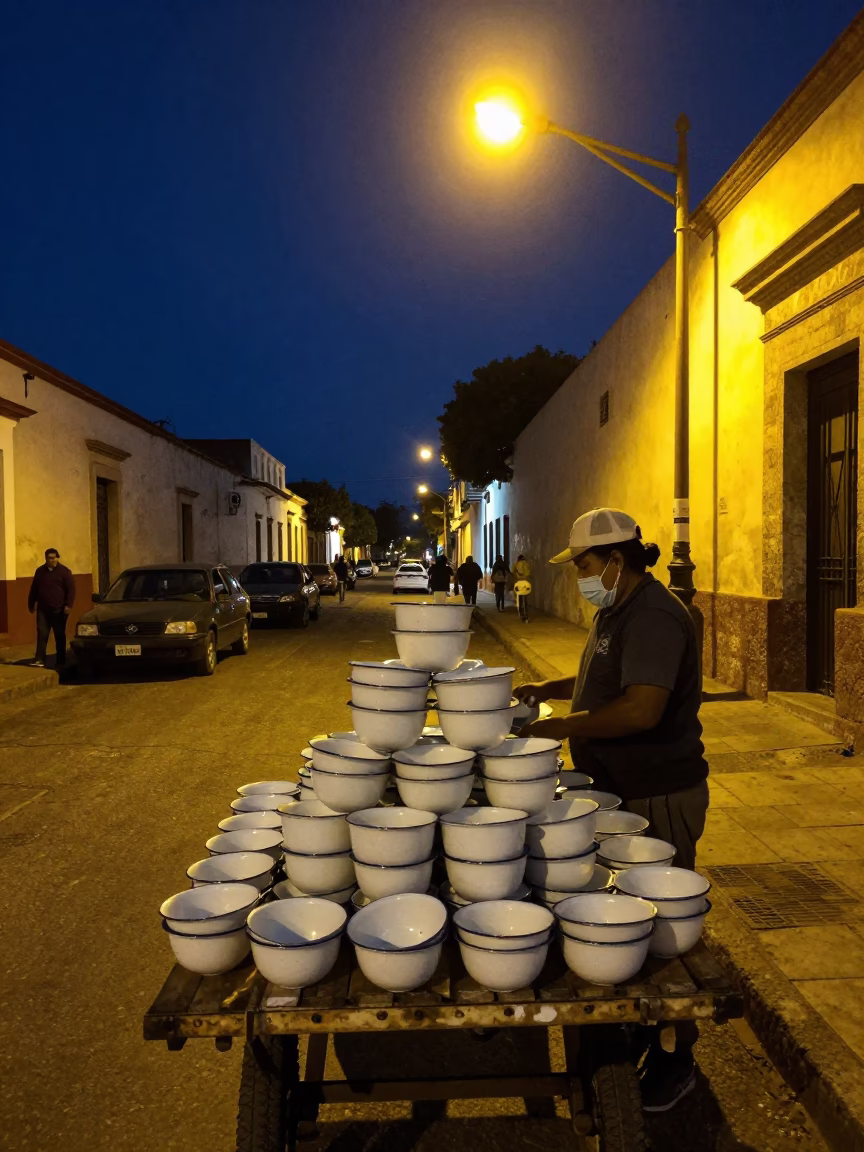 Midnight Street Scene in Oaxaca Mexico with Enamel Bowls and Local Market Activity in in Oaxaca, Mexico