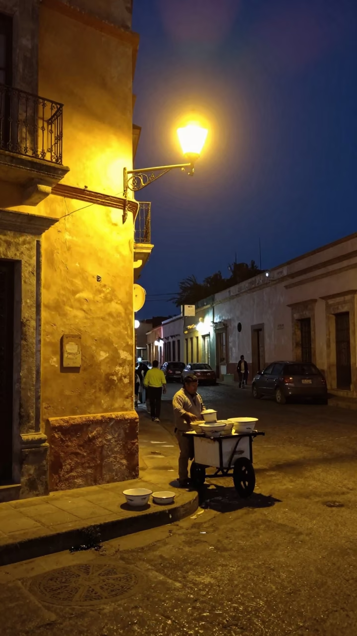 Midnight Street Scene in Oaxaca Mexico with Enamel Bowls and Urban Details in in Oaxaca, Mexico
