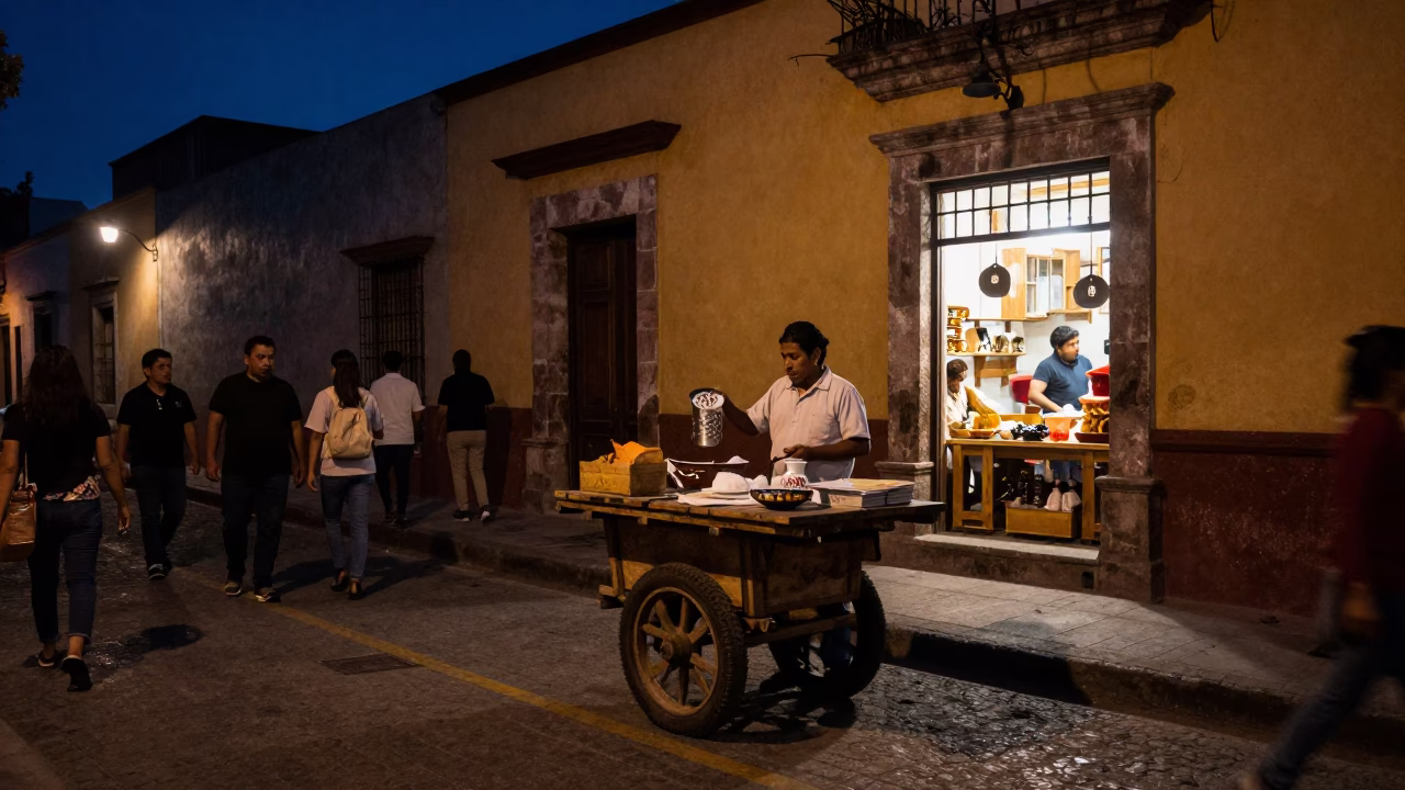 Midnight Street Scene in Oaxaca Mexico with Flour Sifter and Tea Canister in in Oaxaca, Mexico
