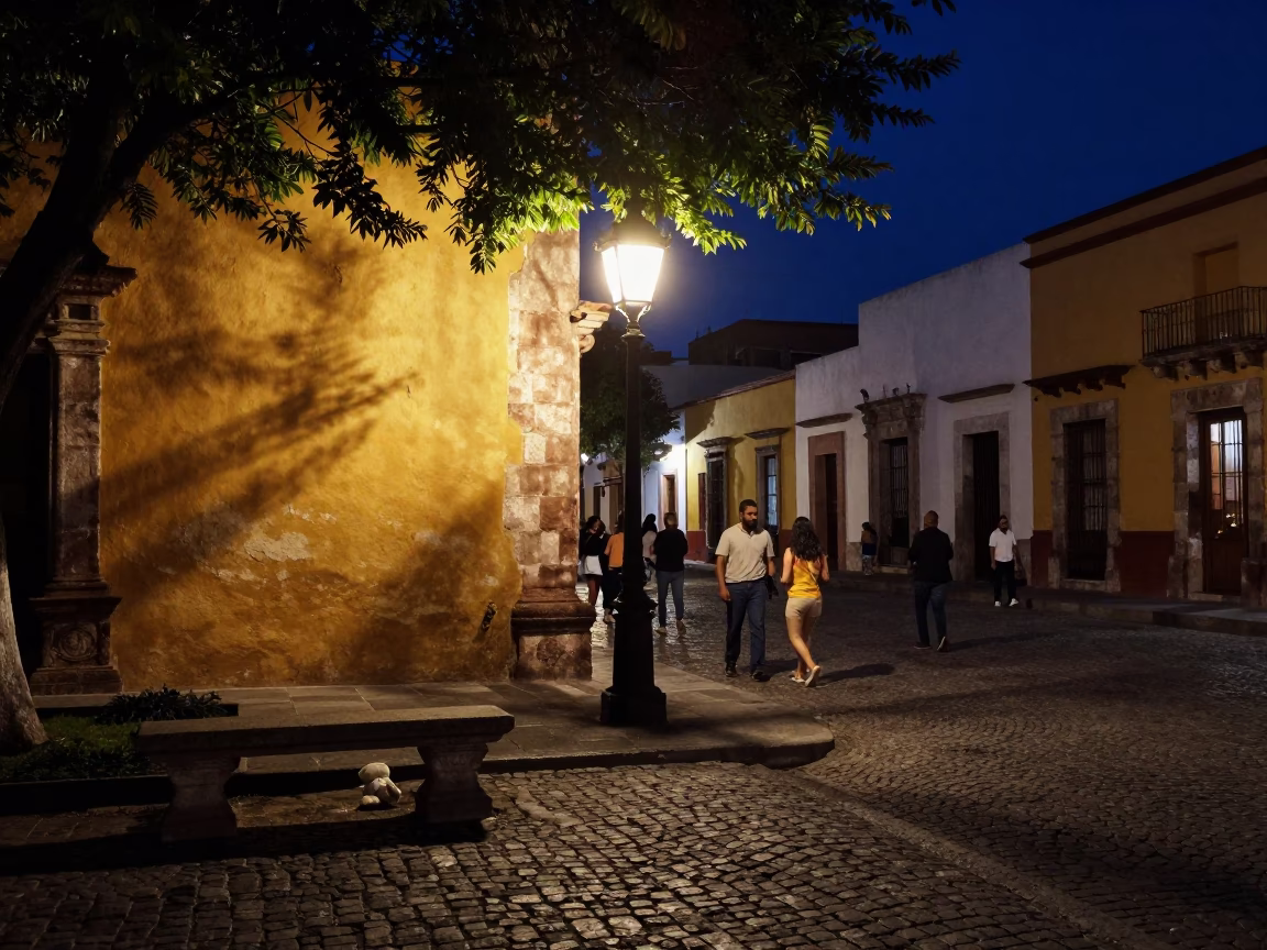 Midnight Street Scene in Oaxaca Mexico with Hurricane Lamp and Cobblestone Plaza in in Oaxaca, Mexico