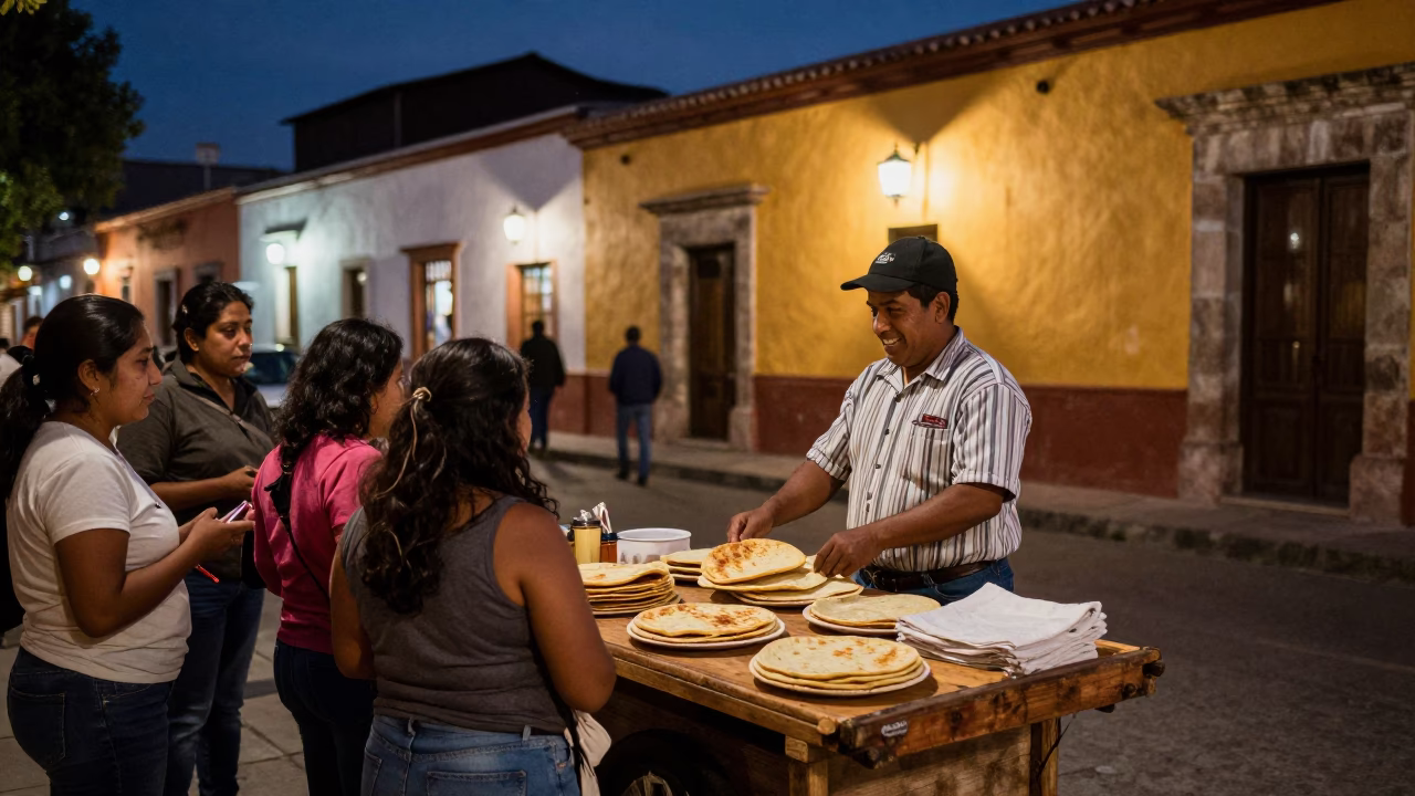 Midnight Street Scene in Oaxaca Mexico with Local Vendor and Traditional Elements in in Oaxaca, Mexico