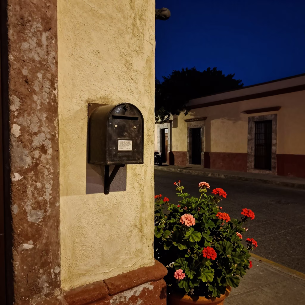 Midnight Street Scene in Oaxaca Mexico with Mailbox and Geraniums in in Oaxaca, Mexico