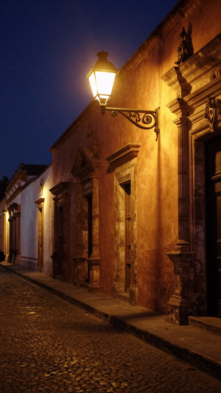 Midnight Street Scene in Oaxaca Mexico with Polished Brass Street Lamp and Cobblestone Plaza in in Oaxaca, Mexico