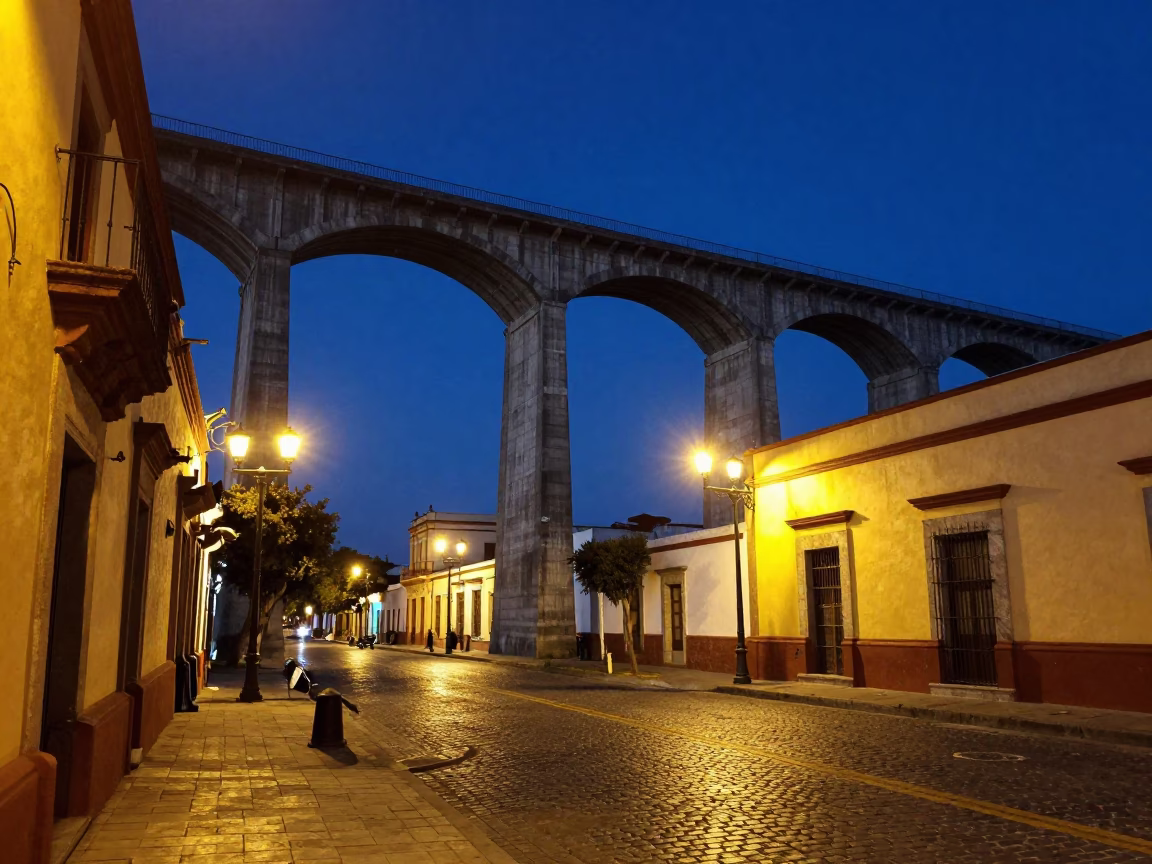 Midnight Street Scene in Oaxaca Mexico with Railway Viaduct and Local Life in in Oaxaca, Mexico