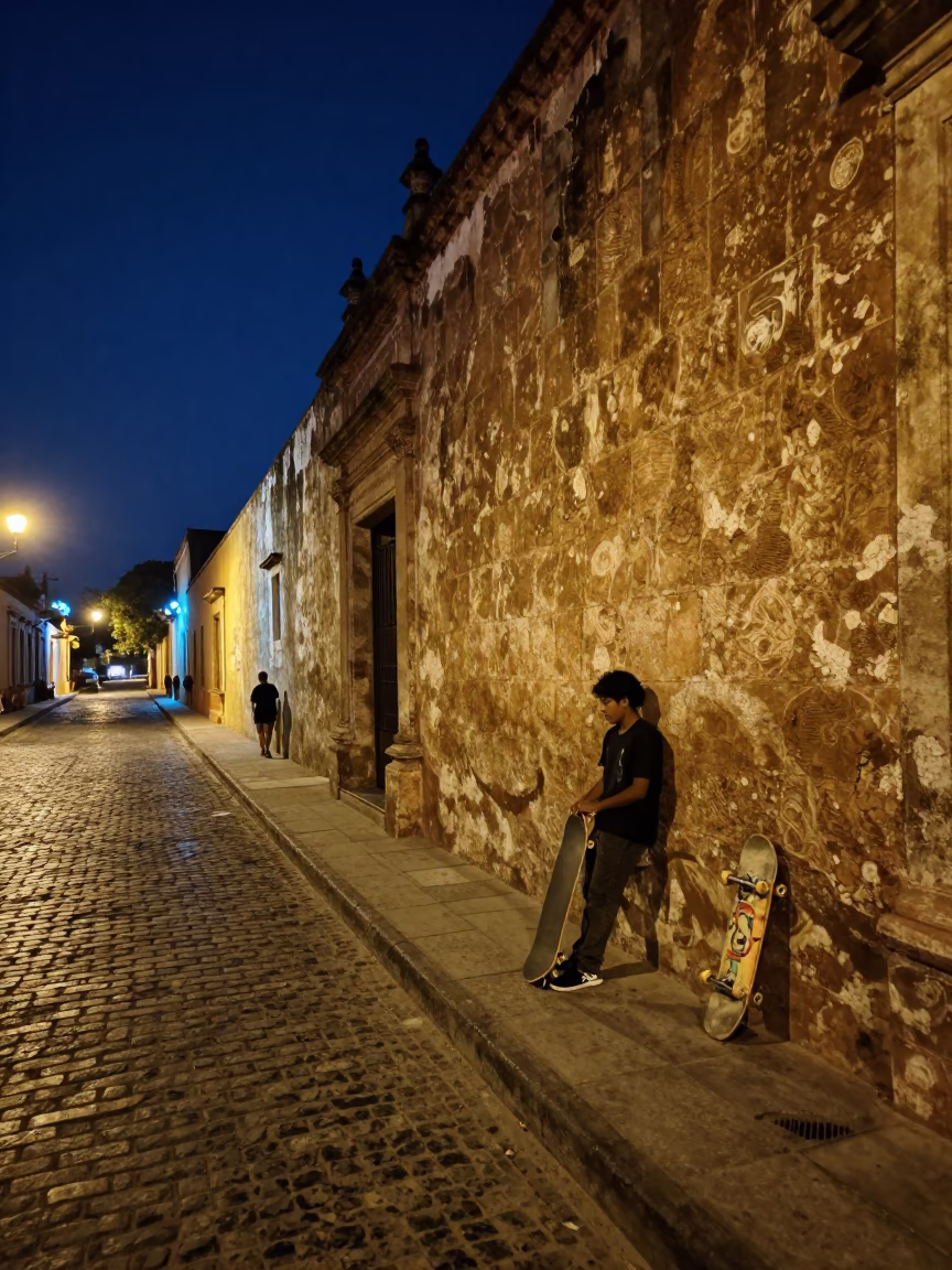 Midnight Street Scene in Oaxaca Mexico with Skateboard and Neon Lights in in Oaxaca, Mexico
