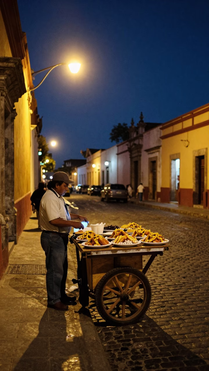 Midnight Street Scene in Oaxaca Mexico with Traditional Food and Local Architecture in in Oaxaca, Mexico