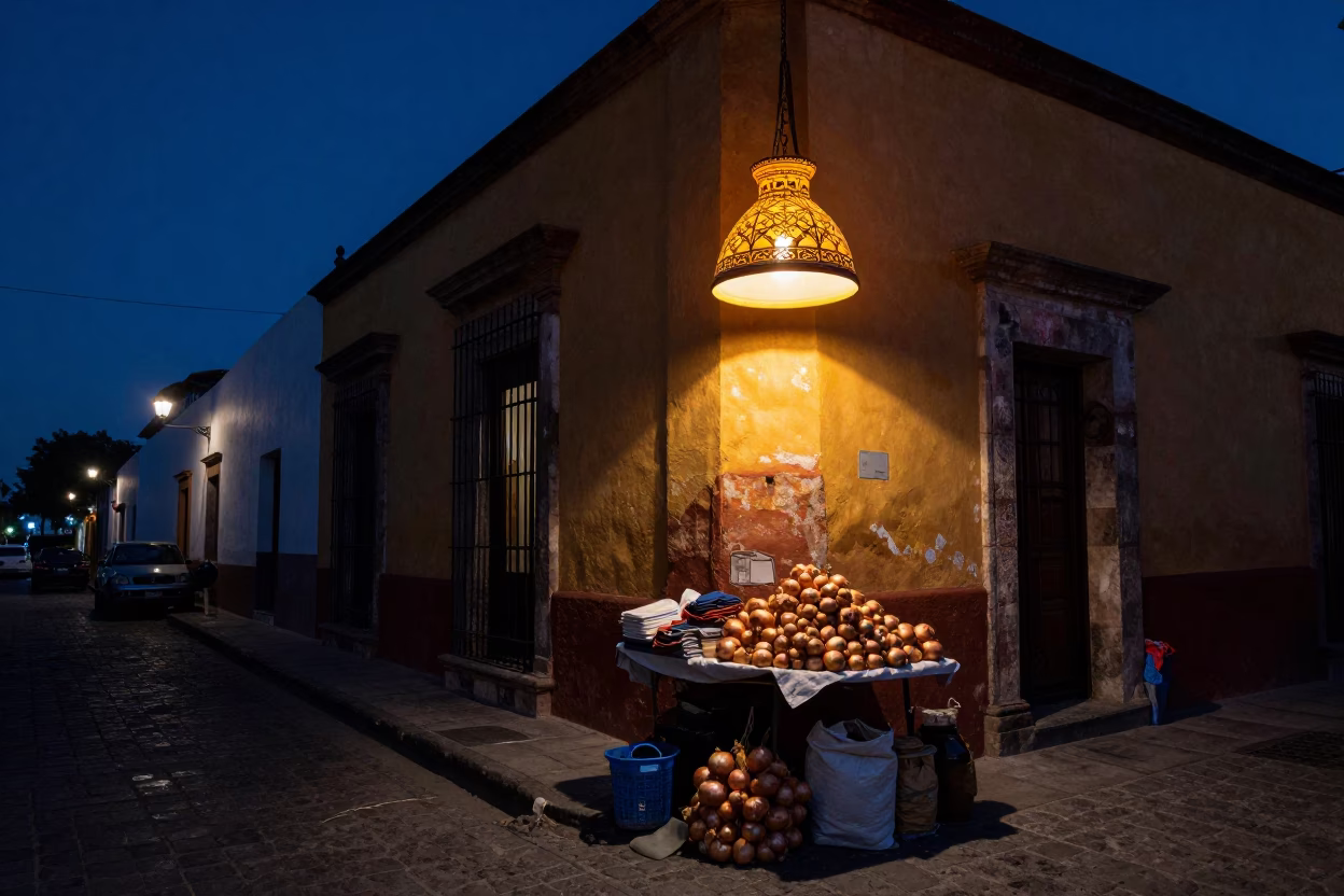 Midnight Street Scene in Oaxaca Mexico with Traditional Lampshade and Onions in in Oaxaca, Mexico
