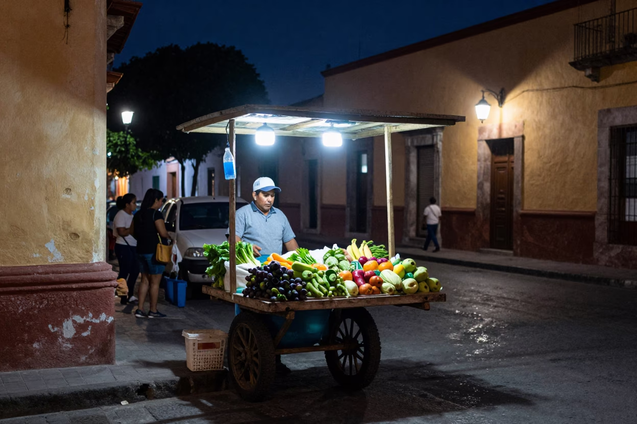 Midnight Street Scene in Oaxaca Mexico with Watering Bottle and Local Market Activity in in Oaxaca, Mexico