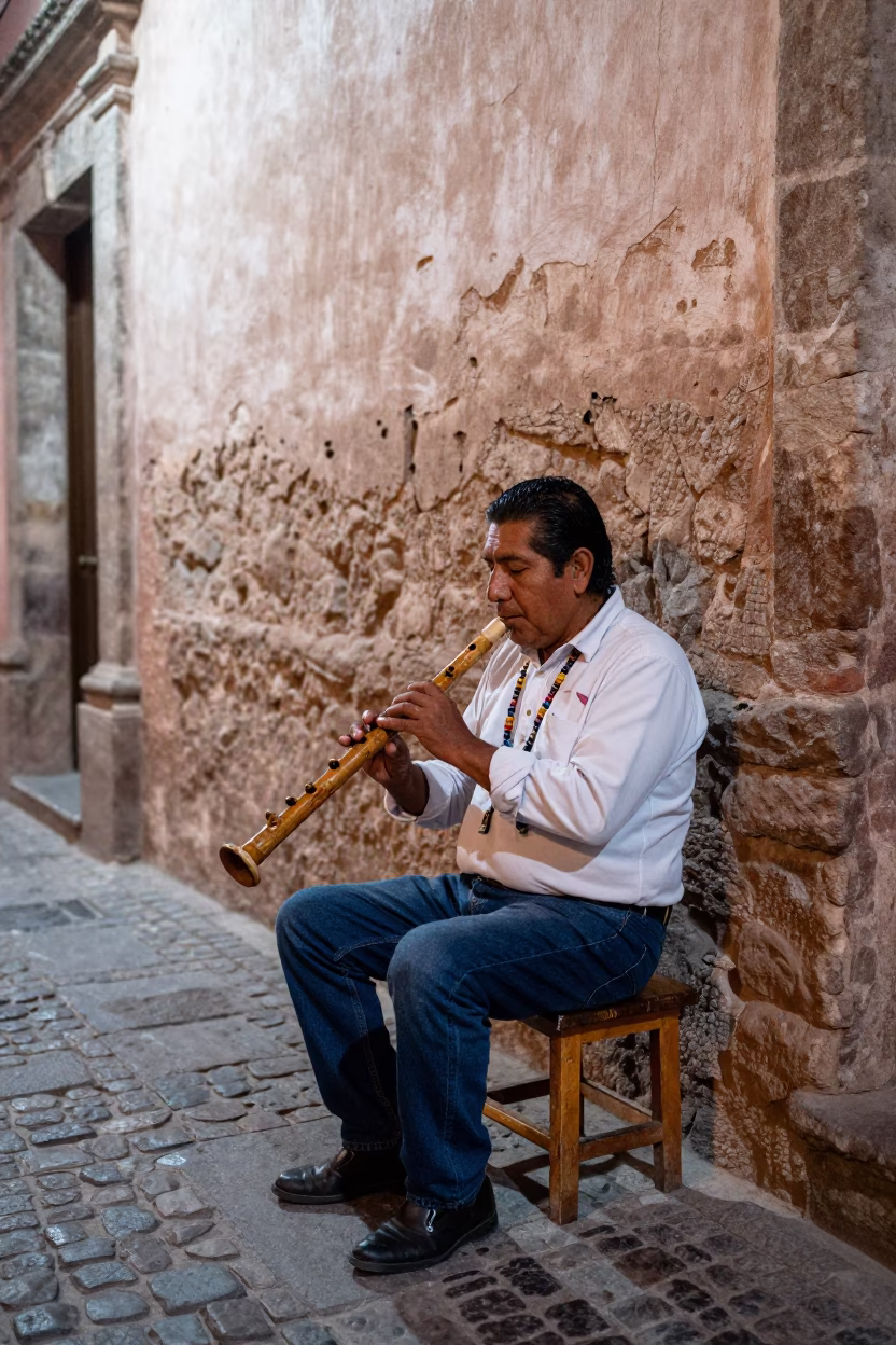 Midnight Street Scene in Oaxaca With Wooden Flute and Beaded Sandals in in Oaxaca, Mexico