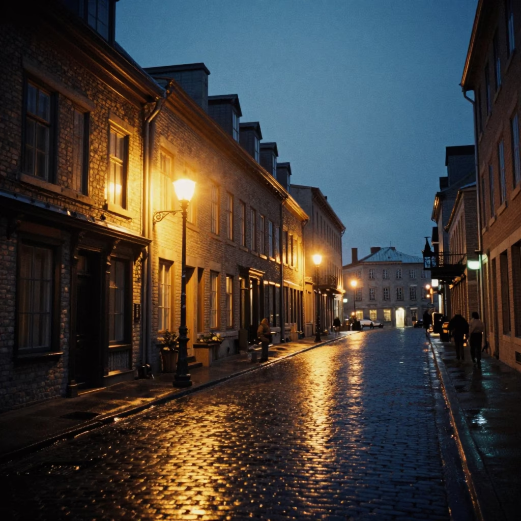 Midnight Street Scene in Old Quebec City Featuring Art Deco Hotel Facade and Rain in in Quebec City, Quebec, Canada