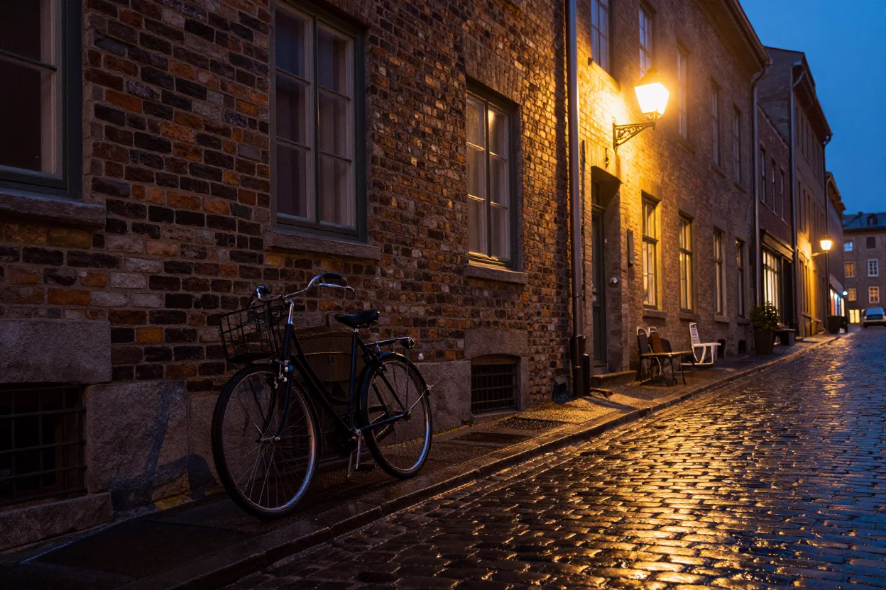 Midnight Street Scene in Old Quebec City with Bicycle and Cobblestones in in Quebec City, Quebec, Canada