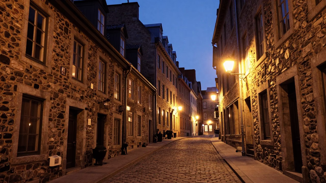 Midnight Street Scene in Old Quebec City with Stone Architecture and Warm Window Light in in Quebec City, Quebec, Canada