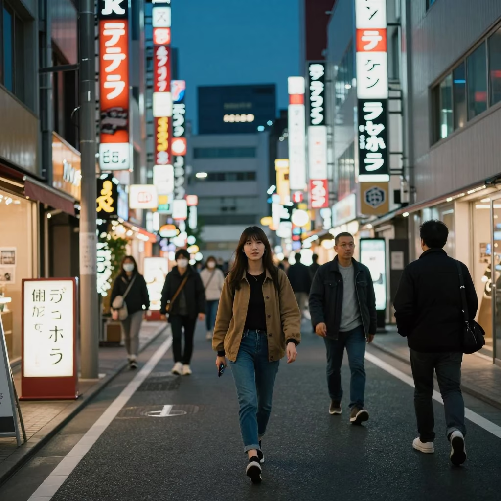 Midnight Street Scene in Osaka Japan with Neon Lights and Urban Life in in Osaka, Japan