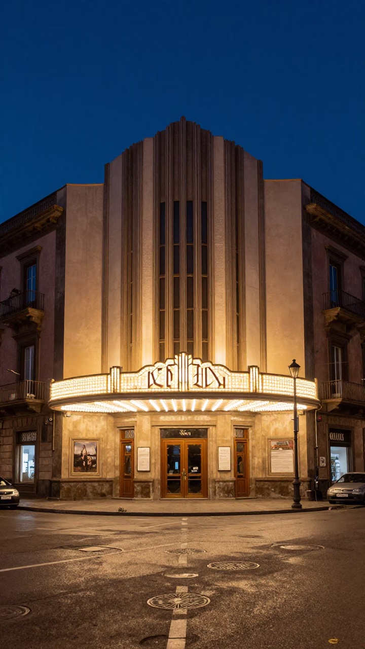 Midnight Street Scene in Palermo Italy with Art Deco Cinema Facade and Local Nightlife in in Palermo, Italy