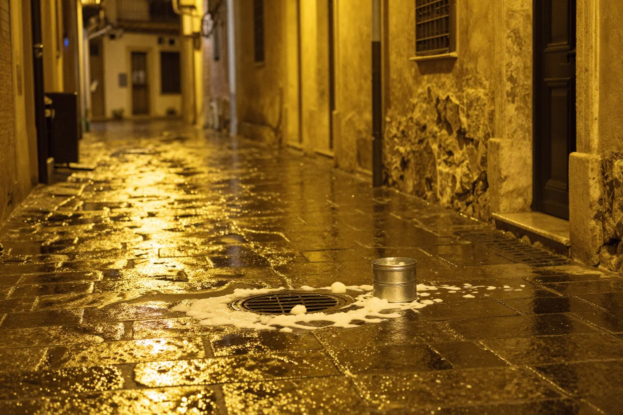 Midnight Street Scene in Palermo Italy With Biscuit Tin And Soap Residue Drain in in Palermo, Italy