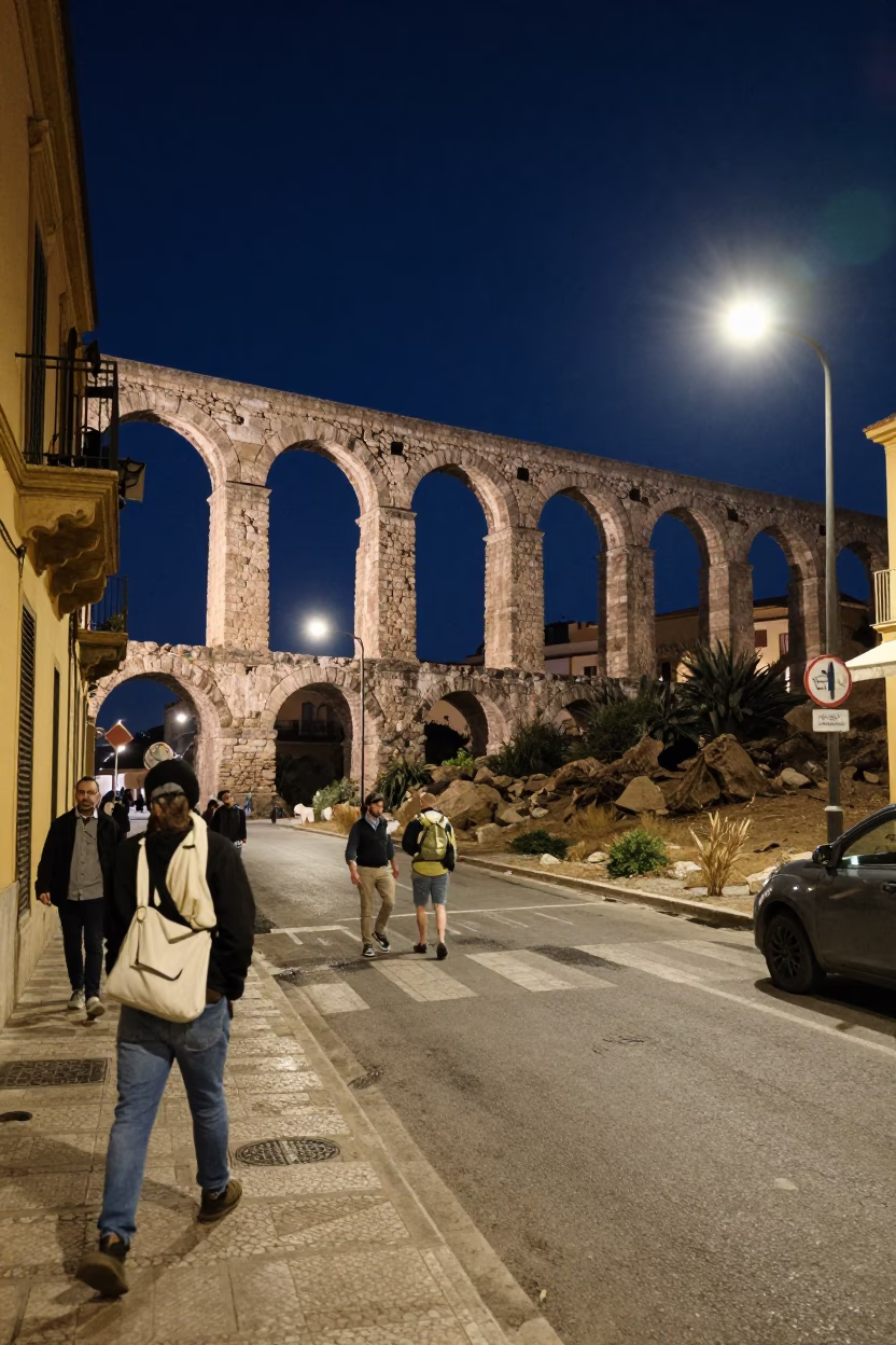 Midnight Street Scene in Palermo Italy with Crumbling Stone Aqueduct and Local Life in in Palermo, Italy
