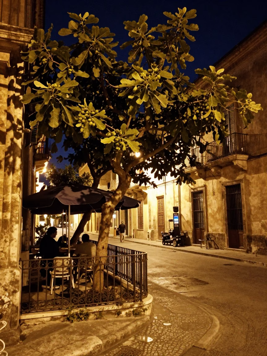 Midnight Street Scene in Palermo Italy with Fig Tree and Umbrellas in in Palermo, Italy