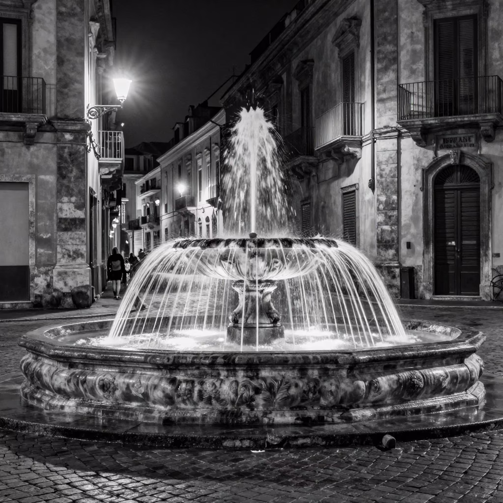 Midnight Street Scene in Palermo Italy with Fountain and Cobblestones in in Palermo, Italy
