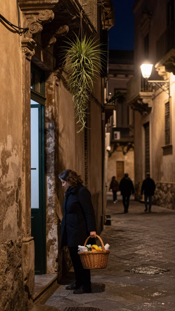 Midnight Street Scene in Palermo Italy with Hanging Air Plant and Wicker Basket in in Palermo, Italy