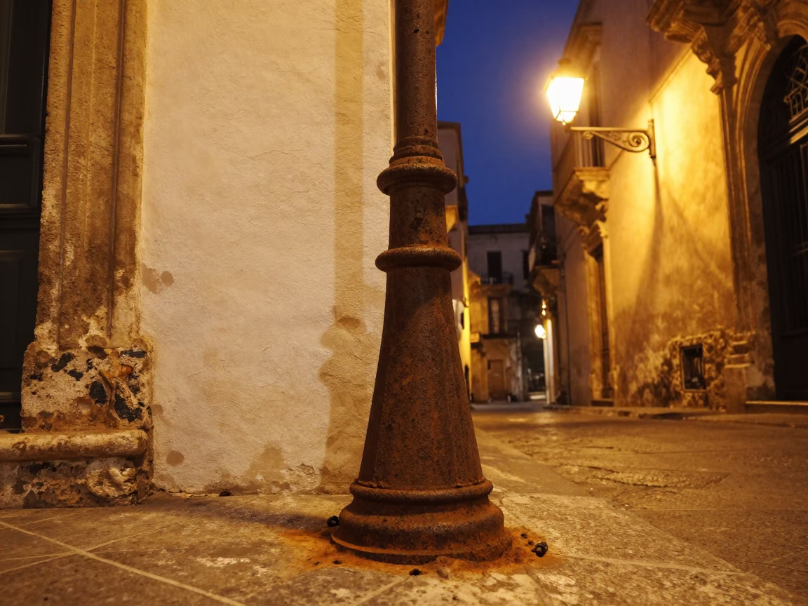 Midnight street scene in Palermo Italy with rusted lamp base and gelato shop window in in Palermo, Italy