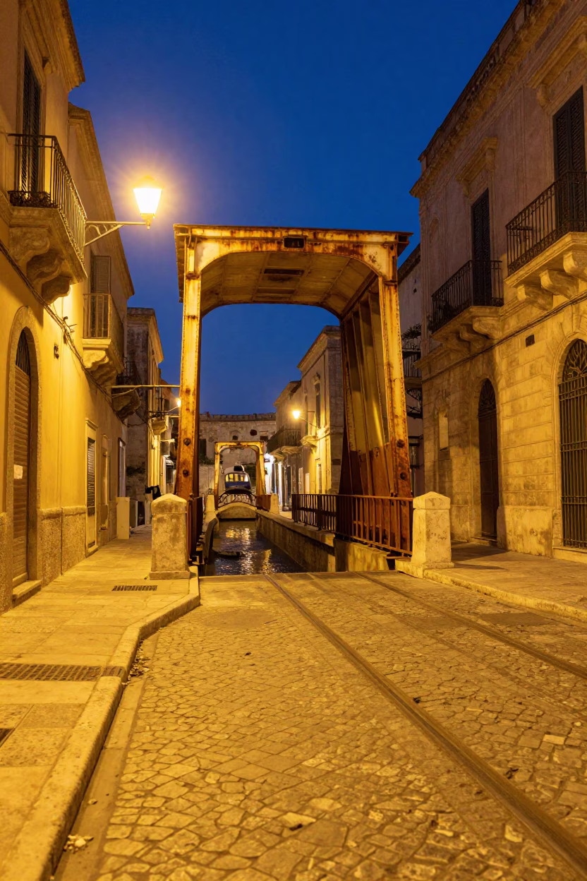 Midnight Street Scene in Palermo Italy with Rusty Drawbridge and Funicular Hill in in Palermo, Italy