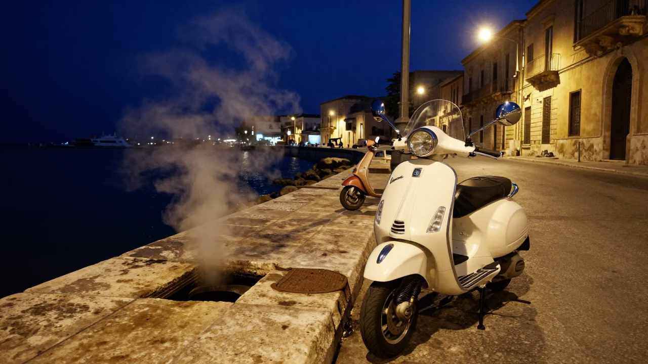 Midnight Street Scene in Palermo Italy with Scooter and Steam Pipes in in Palermo, Italy