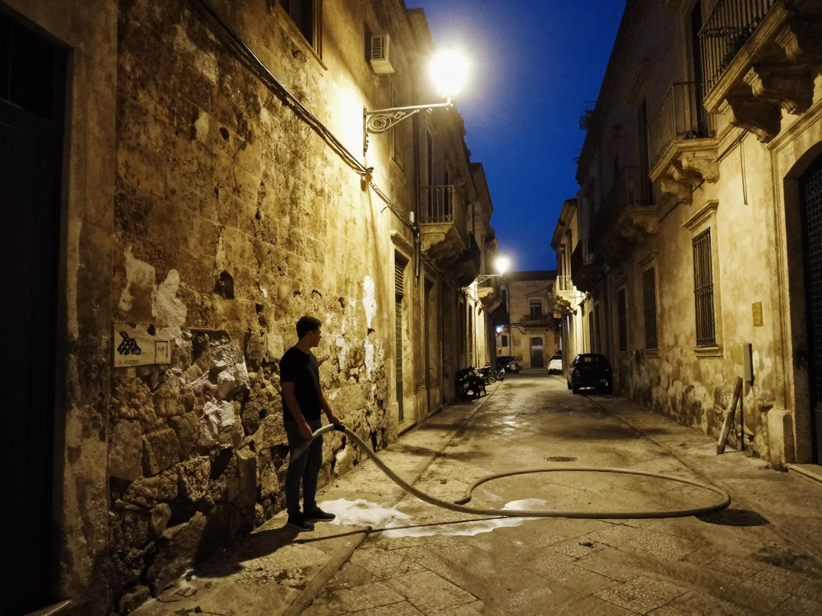 Midnight Street Scene in Palermo Italy with Soap Residue and Hose Nozzle in in Palermo, Italy