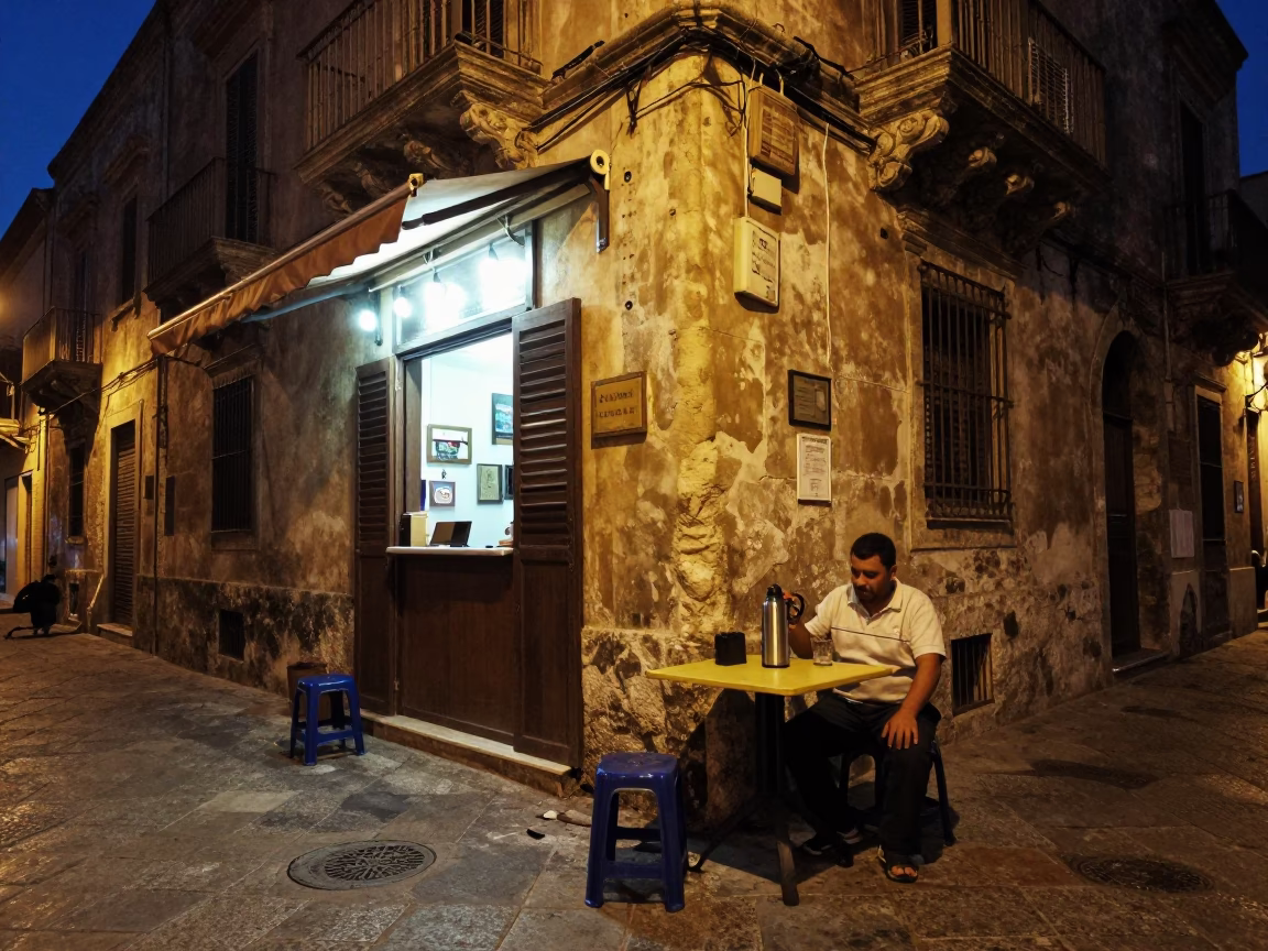 Midnight Street Scene in Palermo Italy with Thermos and Night Light in in Palermo, Italy